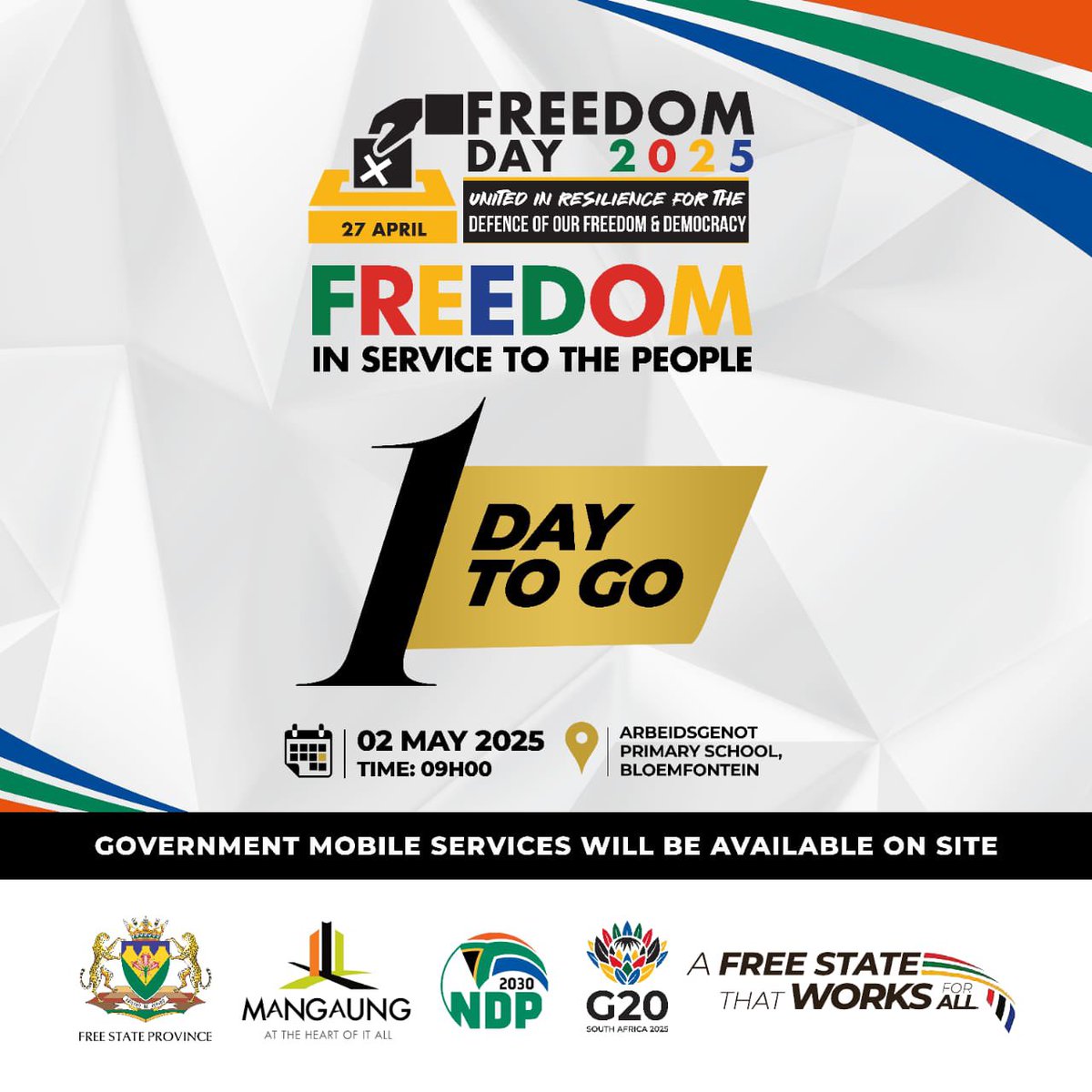 fsgov's tweet image. 1 Day To The Provincial Freedom Day Commemoration.

#FreedomInService #UnitedInResilience #FreedomDay