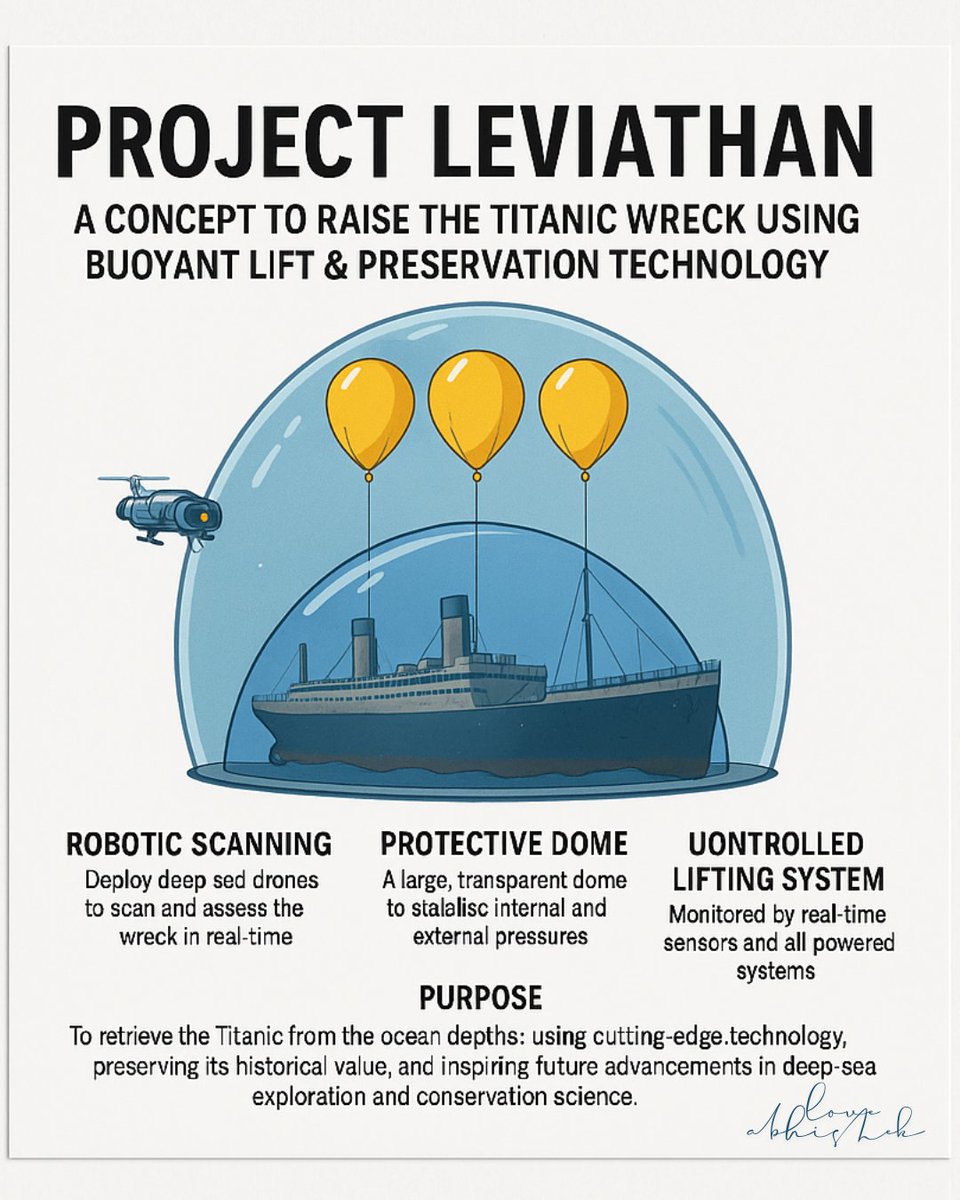 _AK_HACKER_KL's tweet image. Project Leviathan: Raising history from the deep. A futuristic vision to lift and preserve the Titanic using next-gen tech. Join the mission. #Titanic #DeepSeaTech #HeritagePreservation #ProjectLeviathan #abxishek
