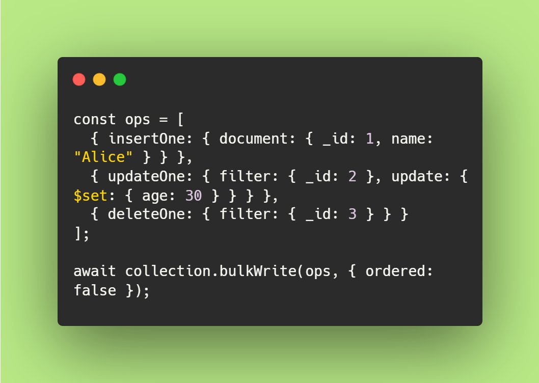 nrachabathuni's tweet image. Enhance write performance in MongoDB using bulkWrite() to minimize round-trips and optimize throughput
#NoSQL #MongoDB #DatabaseOptimization #SEO #WebPerformance #DevOps #Backend