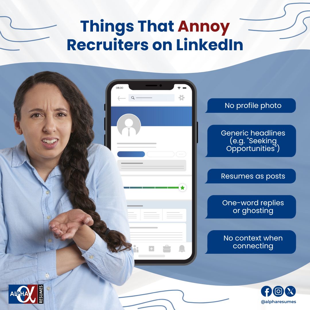 AlphaResumes's tweet photo. Want to stand out to recruiters on LinkedIn? Start by avoiding these common mistakes 👇

Make it easy for recruiters to say YES.

#LinkedInTips #JobSearch #RecruiterAdvice #CareerGrowth #MelbourneJobs #AlphaResumes https://t.co/HndsuOF2FJ