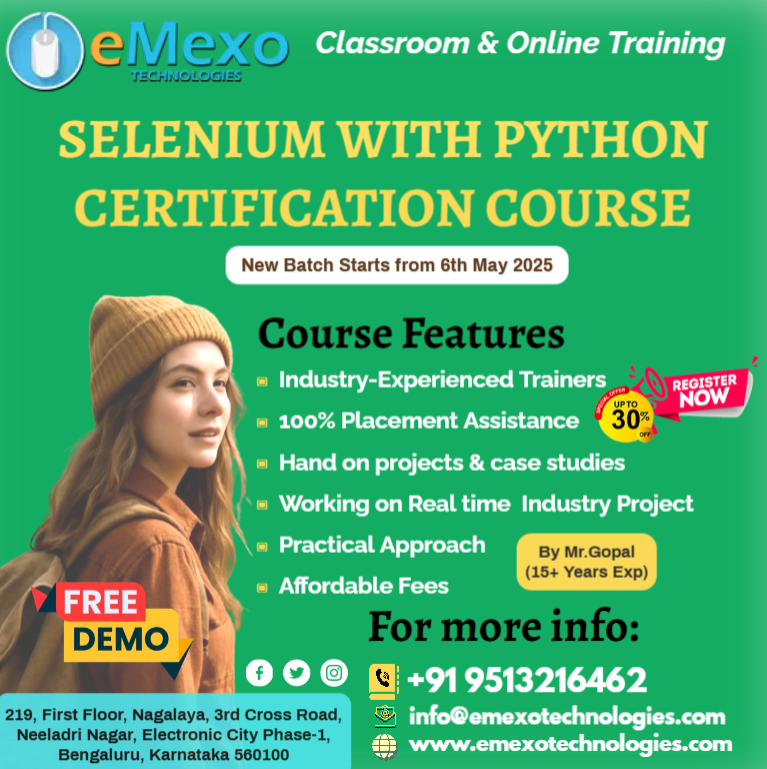 gokulemexo's tweet image. Kickstart Your Automation Testing Career in Just 2 Months! 30% OFF on Selenium with Python Training in Bangalore– Online & Offline!
Call: +91 9513216462
Visit us: emexotechnologies.com/courses/seleni……
Location: eMexo Technologies, Electronic City, Bangalore
#SeleniumWithPython