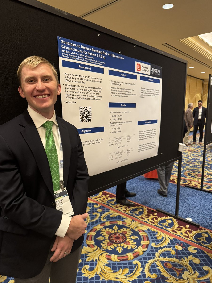Dr. Stephen Leahy presented his project with Dr. Carlos Villanueva - “Strategies to Reduce Bleeding Risk in Office Gomco Circumcisions for Babies &gt;/= 5.5kg” at the #AUA2025 National Conference in Las Vegas. <a href="/PhxChildrens/">Phoenix Children's</a> <a href="/StephenLeahy17/">Stephen Leahy</a>