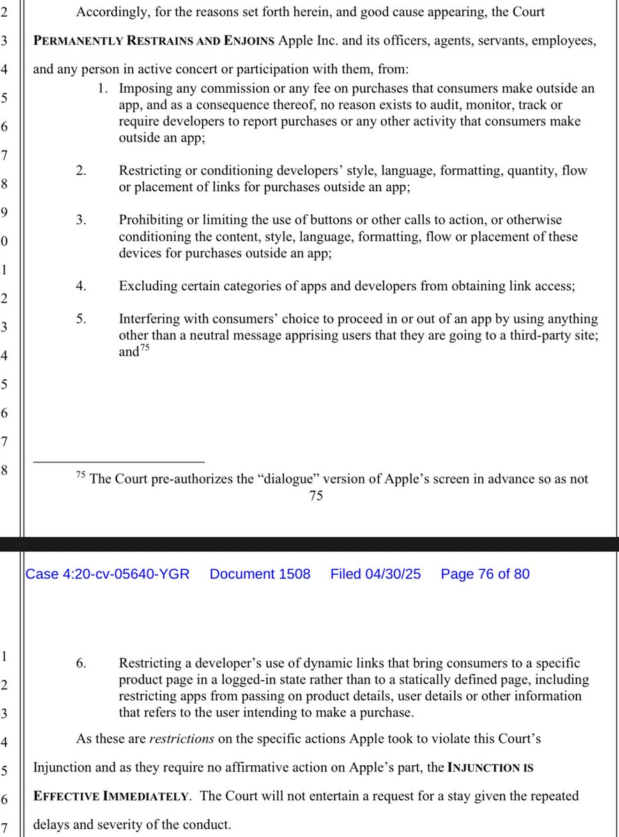 Good day for developers: no more commissions on 3rd party web purchases, no more scare screens on iOS 

Apple ordered to stop faffing about and comply with 2021 injunction to allow 3rd party web purchases (using in app links) effective immediately 

Full court order here: