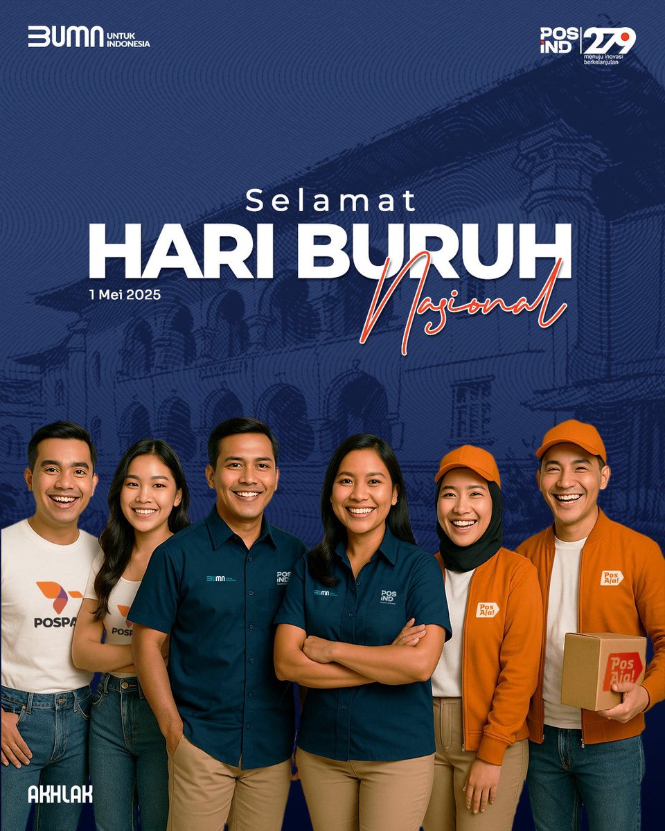 PosIndonesia's tweet photo. Selamat Hari Buruh 2025!
Terima kasih atas dedikasi dan perjuangan tanpa lelah para buruh yang telah membangun bangsa ini
#PosIND
#PosIndonesia
#KantorPos
#PosPay
#PosAja
#KirimPaketPos
#BUMN
#BUMNUntukIndonesia
#279thPosIND
#MenujuInovasiBerkelanjutan https://t.co/YxL6VsBxa8