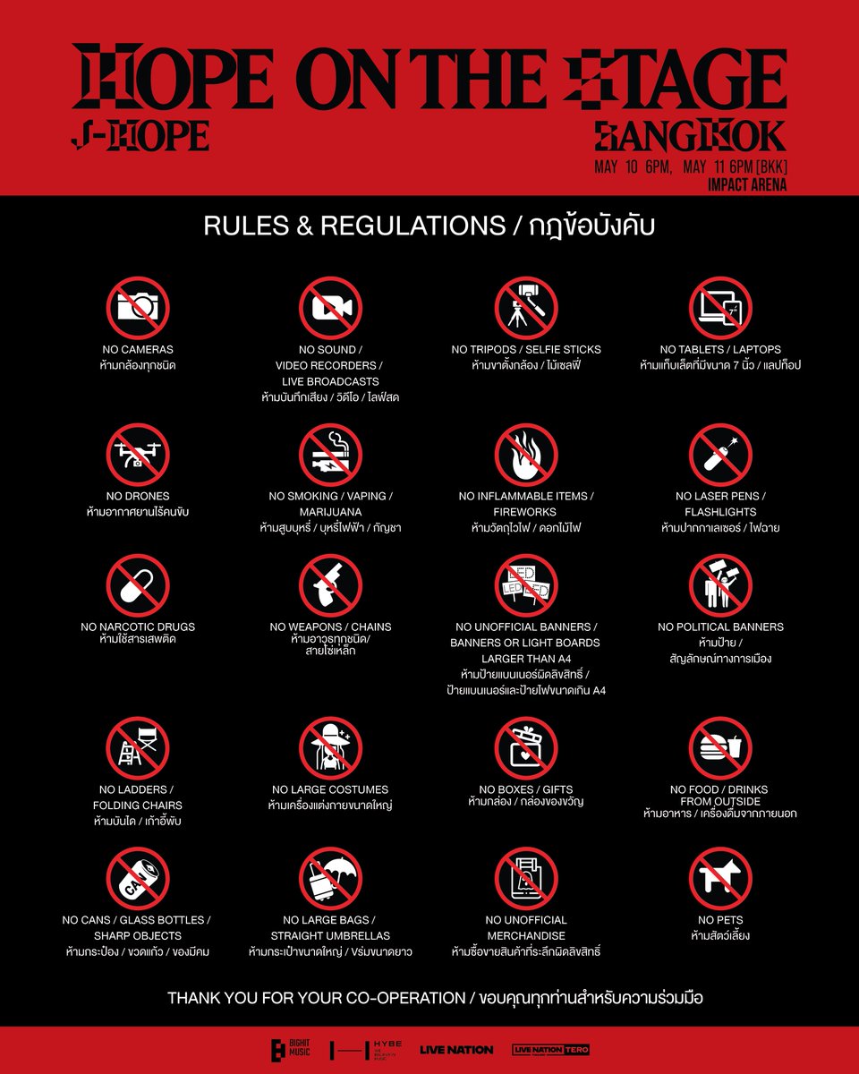 livenationth's tweet photo. (1/2) ประกาศสำคัญ: ผังหน้างาน เวลาเปิดการแสดง และข้อมูลอื่น ๆ ของคอนเสิร์ต "j-hope Tour 'HOPE ON THE STAGE' in BANGKOK 🔥" ในวันเสาร์ที่ 10 และ อาทิตย์ที่ 11 พ.ค 2568 อิมแพ็ค อารีน่า

***เพื่อเป็นการลดเวลาต่อคิวแลกรับบัตรกระดาษ การแสดง “j-hope Tour 'HOPE ON THE STAGE' in BANGKOK” และลดความหนาแน่นหน้างาน ลูกค้าทั่วไป ลูกค้าที่อยู่ต่างจังหวัดหรือต่างประเทศ สามารถแลกรับบัตรกระดาษล่วงหน้าที่บูธไทยทิคเก็ตเมเจอร์ 11 สาขาหลัก ได้ถึงวันอาทิตย์ที่ “4 พ.ค. 2568” ในเวลาทำการของแต่ละสาขา

หากไม่สะดวกในช่วงเวลาดังกล่าว สามารถเลือกรับบัตรกระดาษได้อีกครั้งที่บูธไทยทิคเก็ตเมเจอร์ที่อาคารเดอะพอร์ทอล ใกล้ อิมแพ็ค อารีน่า
- วันศุกร์ที่ 9 พ.ค. เวลา 12.00 – 20.00 น. (รับบัตรกระดาษได้ทั้งสองรอบการแสดง)
- วันเสาร์ที่ 10 พ.ค. เวลา 10.00 – 19.00 น. (รับบัตรกระดาษของรอบการแสดงวันที่ 10 พ.ค. เท่านั้น)
- วันอาทิตย์ที่ 11 พ.ค. เวลา 10.00 – 19.00 น. (รับบัตรกระดาษของรอบการแสดงวันที่ 11 พ.ค. เท่านั้น)

*กำหนดการและเวลาอาจเปลี่ยนแปลงได้โดยไม่ต้องแจ้งให้ทราบล่วงหน้า เพื่อความคล่องตัว กรุณาศึกษาแผนผังบริเวณงาน กฎข้อบังคับและสิ่งของต้องห้ามล่วงหน้า ขอขอบคุณทุกท่านสำหรับความร่วมมือ

Important Announcement: Event map, event schedule and other important information for "j-hope Tour 'HOPE ON THE STAGE' in BANGKOK" 📍on 10 - 11 May 2025 at Impact Arena

***To minimize congestion at the venue on the show day, patrons who have booked tickets for “j-hope Tour 'HOPE ON THE STAGE' in BANGKOK” can collect their paper tickets at any of the 11 main ThaiTicketMajor outlets until Sunday 4 May 2025

For those unable to pick up their paper tickets in advance, tickets for the show may be picked up on show day at ThaiTicketMajor booth at The Portal Building near IMPACT ARENA;
- Friday 9 May from noon to 8pm (Paper tickets can be collected for both showtimes)
- Saturday 10 May from 10am to 7pm (Paper tickets can be collected for May 10 show ONLY)
- Sunday 11 May from 10am to 7pm (Paper tickets can be collected for May 11 show ONLY)

*The schedule and event details are subject to change without prior notice. To ensure a smooth experience, please review the venue map, event regulations, and prohibited items in advance. Thank you for your kind cooperation!

#제이홉
#jhope
#jhope_TOUR
#HOPE_ON_THE_STAGE_TOUR_Bangkok
#HOS_TOUR_Bangkok