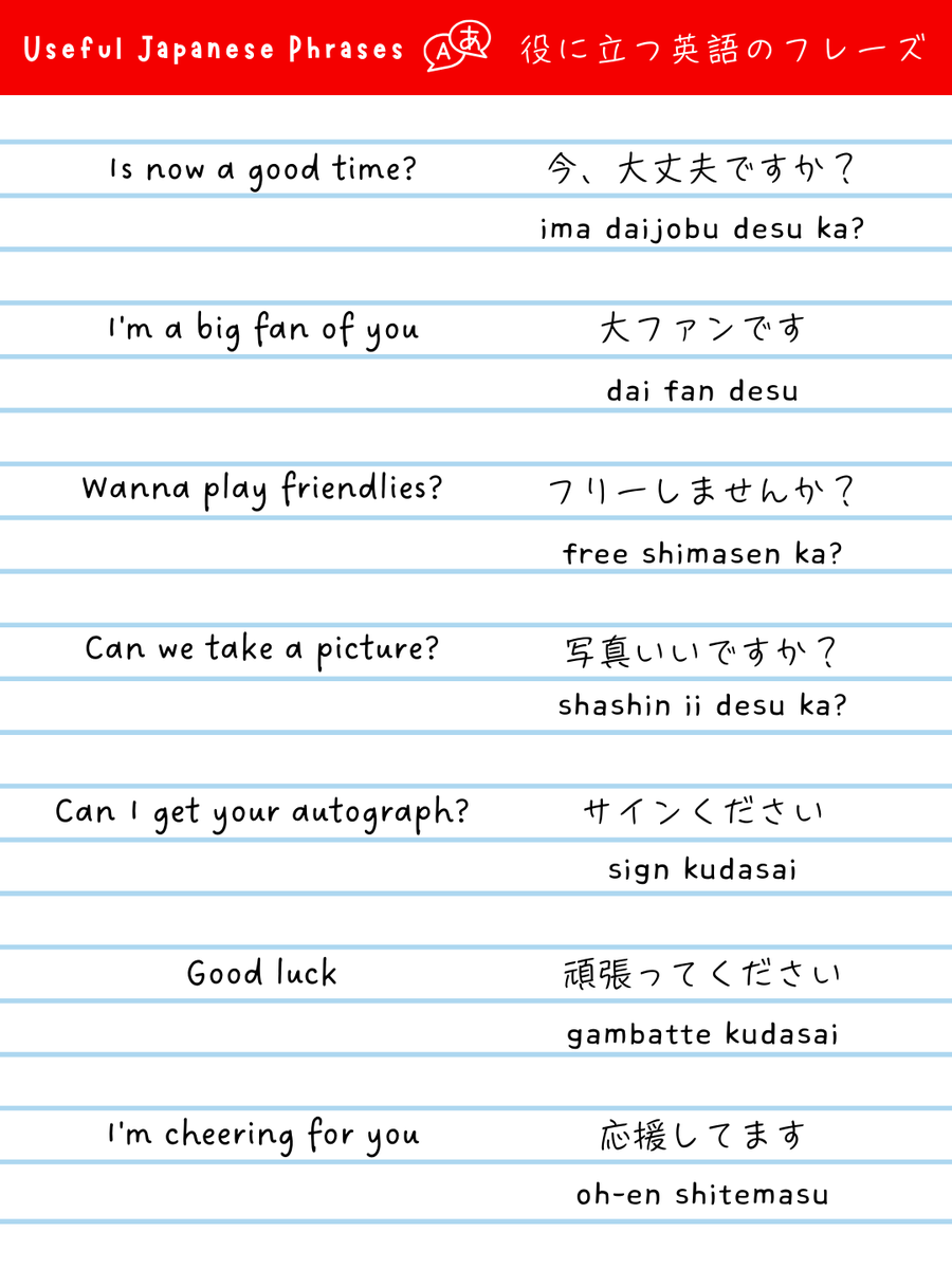 KAGARIBI_smash's tweet photo. 篝火には沢山の人気選手が参加されます。憧れの選手に話しかけたい時に、役に立つフレーズをまとめました！

There's a lot of popular players coming to Kagaribi, so we put together some useful phrases if you want to use them when you interact with your favorites! https://t.co/T53JbusE38