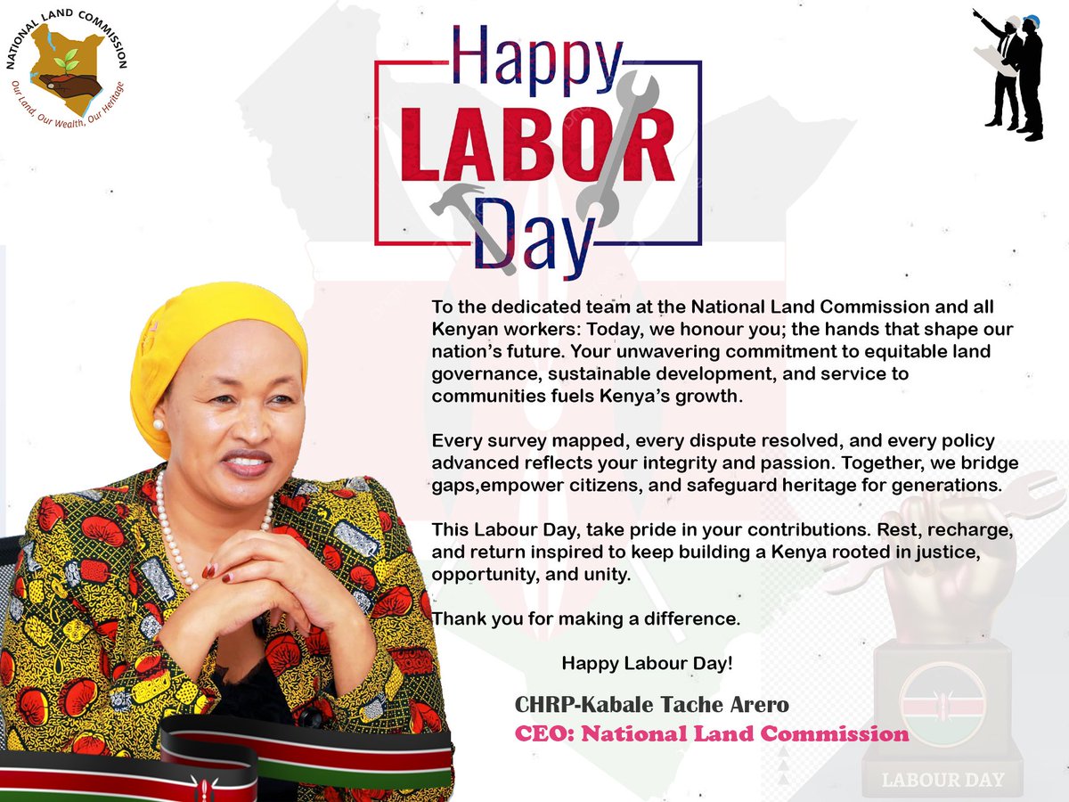 Happy Labour Day to you all!
#HappyLabourDay2025
<a href="/NLC_Kenya/">National Land Commission</a>