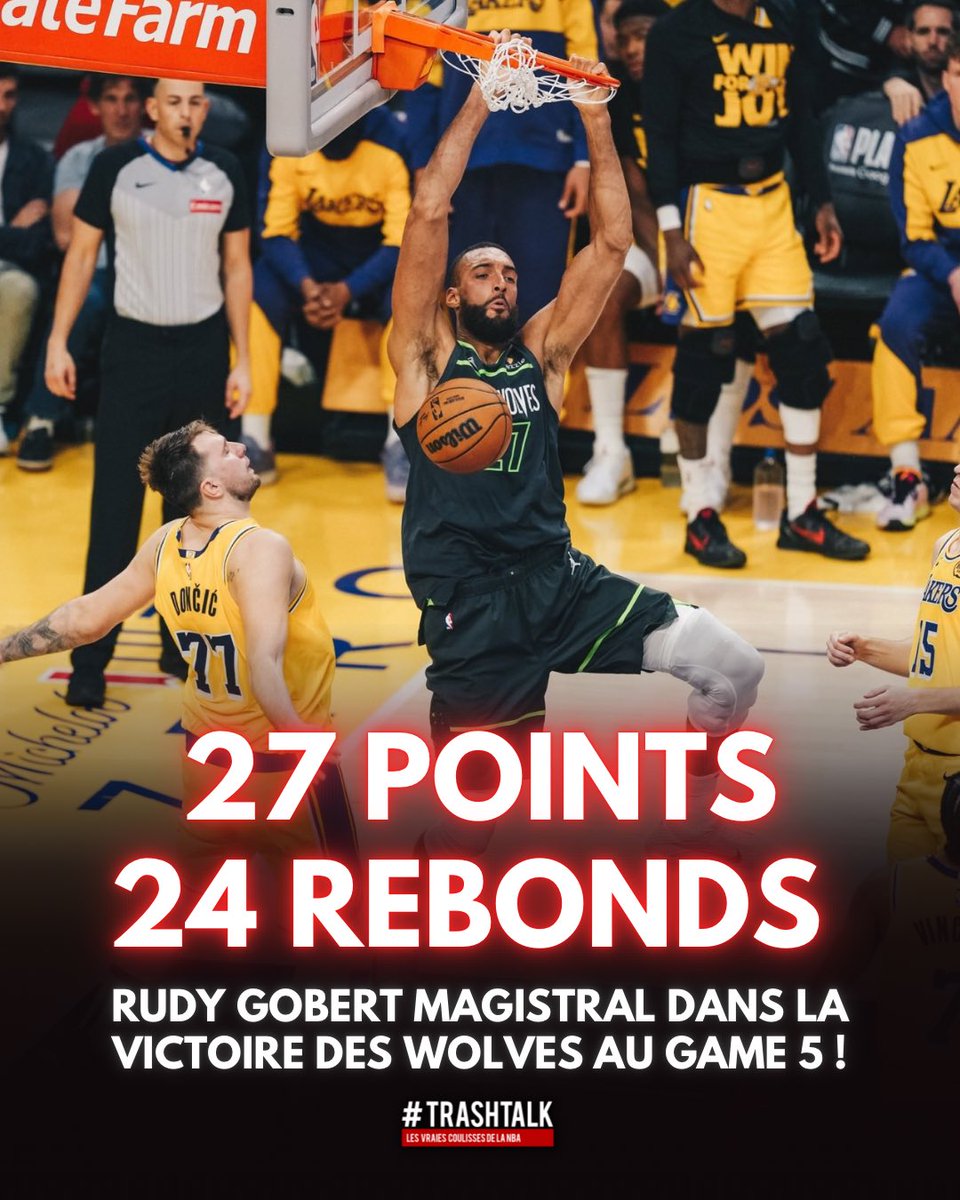 MONUMENTAL RUDY GOBERT 💪

27 POINTS
24 REBONDS
12/15 AU TIR
2 CONTRES
0 BALLON PERDU

Son meilleur match de Playoffs en carrière, au meilleur moment !! 🇫🇷