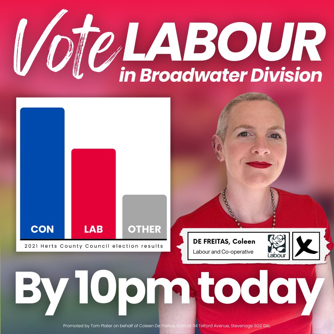 In Broadwater Division, use your vote for Labour candidate Coleen De Freitas today 🗳️ Don't forget your Photo ID 🪪

The choice is clear: elect an unseen, unbothered Conservative County Councillor OR support a Labour candidate with a plan for change 🔁

Vote Local, Vote Labour 🌹