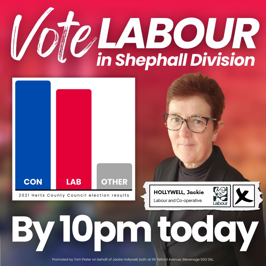 In Shephall Division, use your vote for Labour candidate Jackie Hollywell today 🗳️ Don't forget your Photo ID 🪪

The choice is clear: elect an unseen, unbothered Conservative County Councillor OR support a Labour candidate with a plan for change 🔁

Vote Local, Vote Labour 🌹