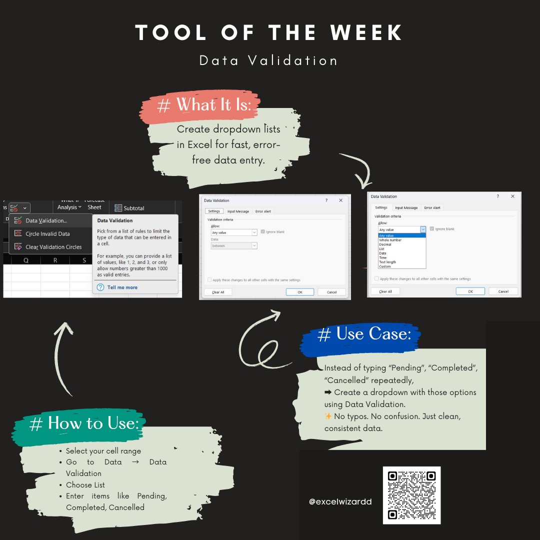 excelwizardd's tweet image. 🔧 Excel Tool of the Week:
Want cleaner data?
➡️ Use Data Validation to make dropdowns.
Example:
Pending, Completed, Cancelled
Perfect for sheets shared with others.
@ExcelWizardd
#ExcelTools #DropdownList #ExcelTips