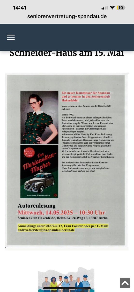 Autorenlesung in #Hakenfelde #Spandau am 14. Mai! #Seniorinnen #Senioren