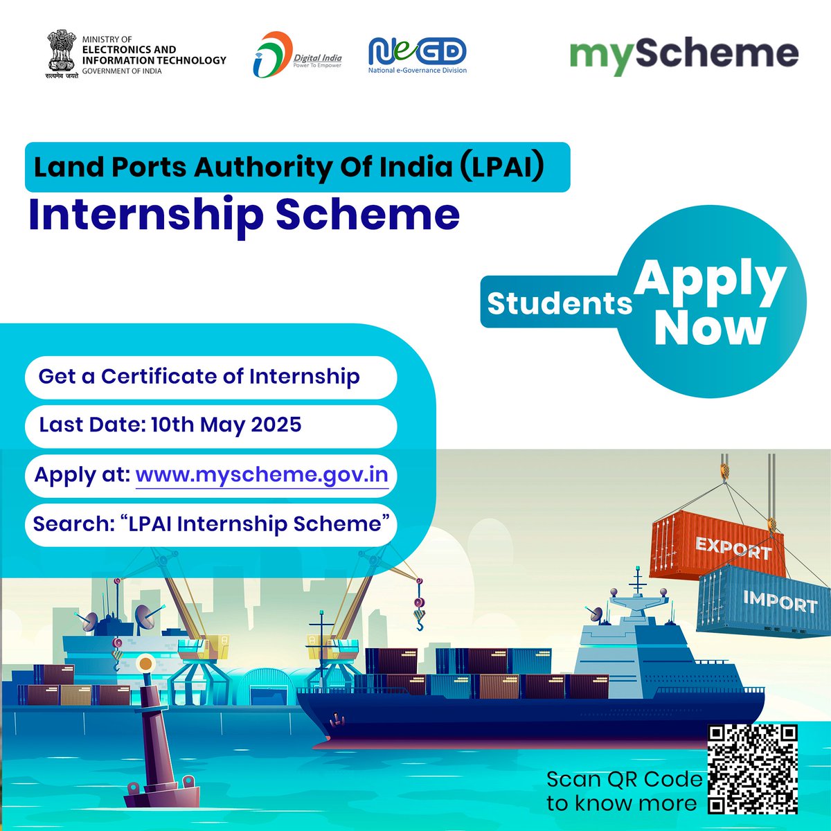 Apply Now: LPAI Internship Scheme on myScheme! 
Gain real-world experience with the Land Ports Authority of India and earn a certificate!
📅 Deadline: 10th May 2025
🔗 Apply: myscheme.gov.in/schemes/lpaiis
#LPAI #Internship2025 #GovInternship #StudentOpportunity #DigitalIndia