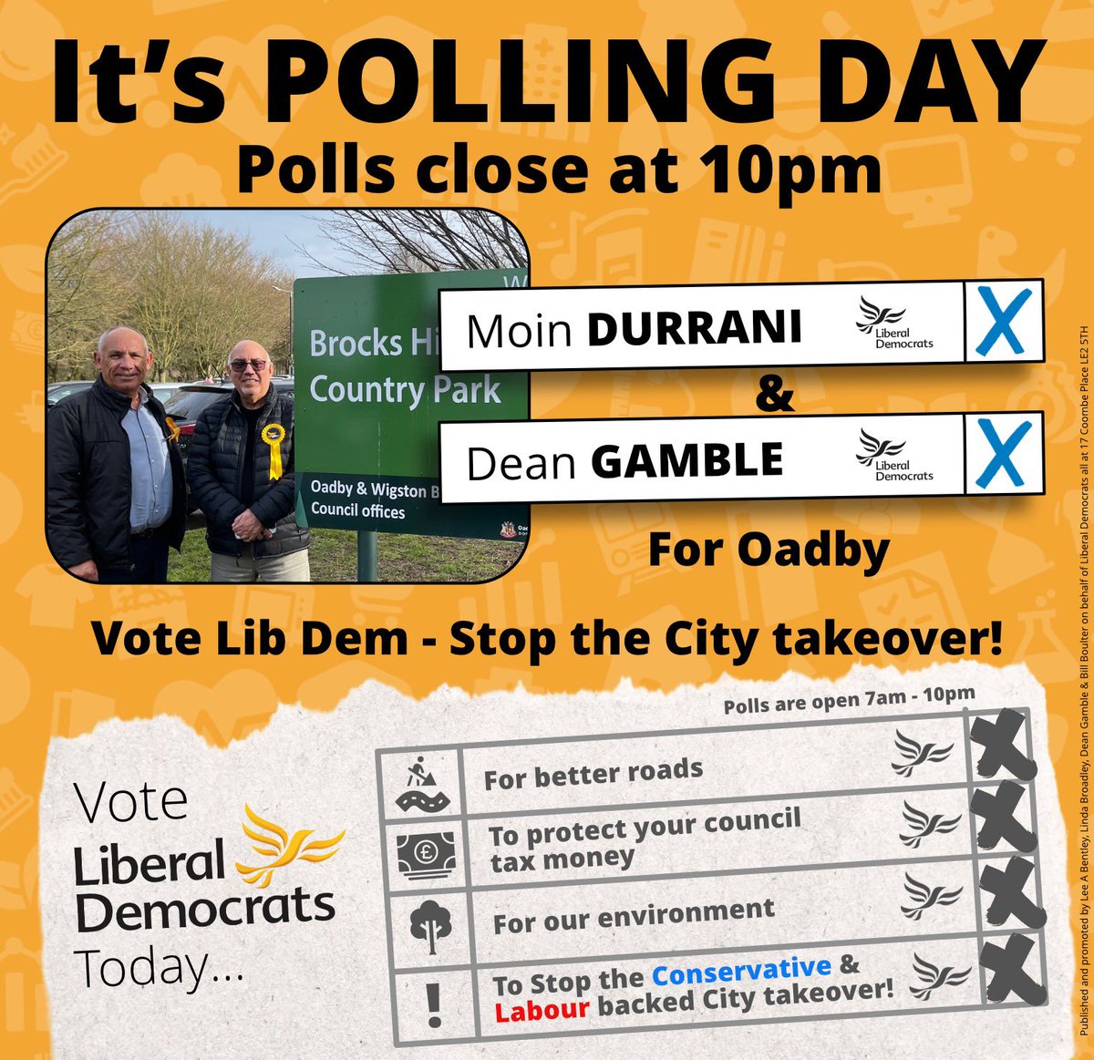 Oadby Liberal Democrats 🔶 (@oadbylibdems) on Twitter photo Polls are open 7am to 10pm today. Stop the Conservative and Labour proposals that would see Oadby and Wigston swallowed into an expanded Soulsby-led city
Vote to keep Oadby & Wigston out of the city
Stop the city takeover
<a href="/OadbyTownCentre/">Oadby Town Centre</a> <a href="/Oadby_Wigston/">Oadby & Wigston BC</a> <a href="/LoveOadby/">LoveOadby</a> Polls are open 7am to 10pm today. Stop the Conservative and Labour proposals that would see Oadby and Wigston swallowed into an expanded Soulsby-led city
Vote to keep Oadby & Wigston out of the city
Stop the city takeover
<a href="/OadbyTownCentre/">Oadby Town Centre</a> <a href="/Oadby_Wigston/">Oadby & Wigston BC</a> <a href="/LoveOadby/">LoveOadby</a>