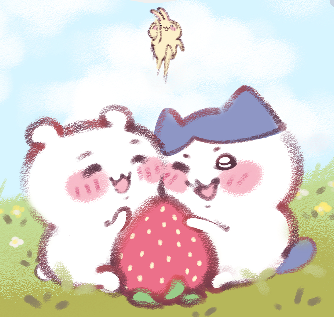 wetfloorrr's tweet image. chiikawa and hachiware sharing a birthday strawberry but usagi bout to consume 80% of it