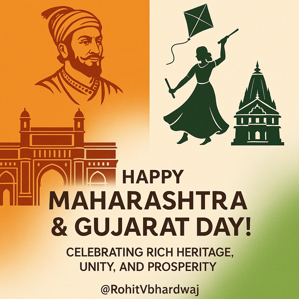 RohitVBhardwaj's tweet photo. Proudly celebrating the vibrant heritage of Maharashtra and Gujarat today!
#MaharashtraDay #GujaratDay #UnityInDiversity #CulturalPride #RohitVBhardwaj https://t.co/YF1VdG2grM