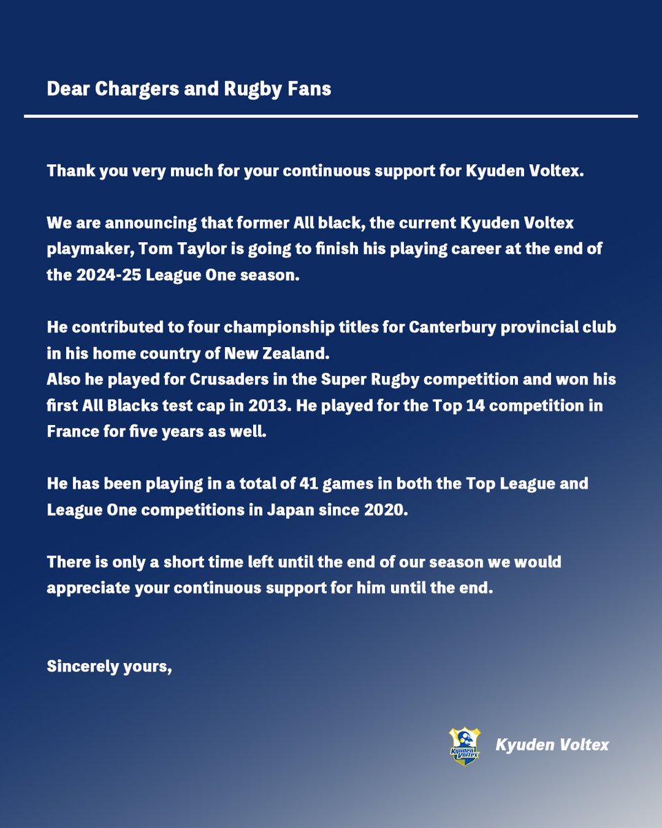 トム・テイラー Tom Taylor
2024-25シーズンをもって現役を引退いたします。

#九州電カキューデンヴォルテクス
#キューデンヴォルテクス
#kyudenvoltex
#leagueone
#リーグワン
#ラグビー #rugby
#charger九州
<a href="/bravelupus1048/">東芝ブレイブルーパス東京</a> <a href="/AllBlacks/">All Blacks</a>