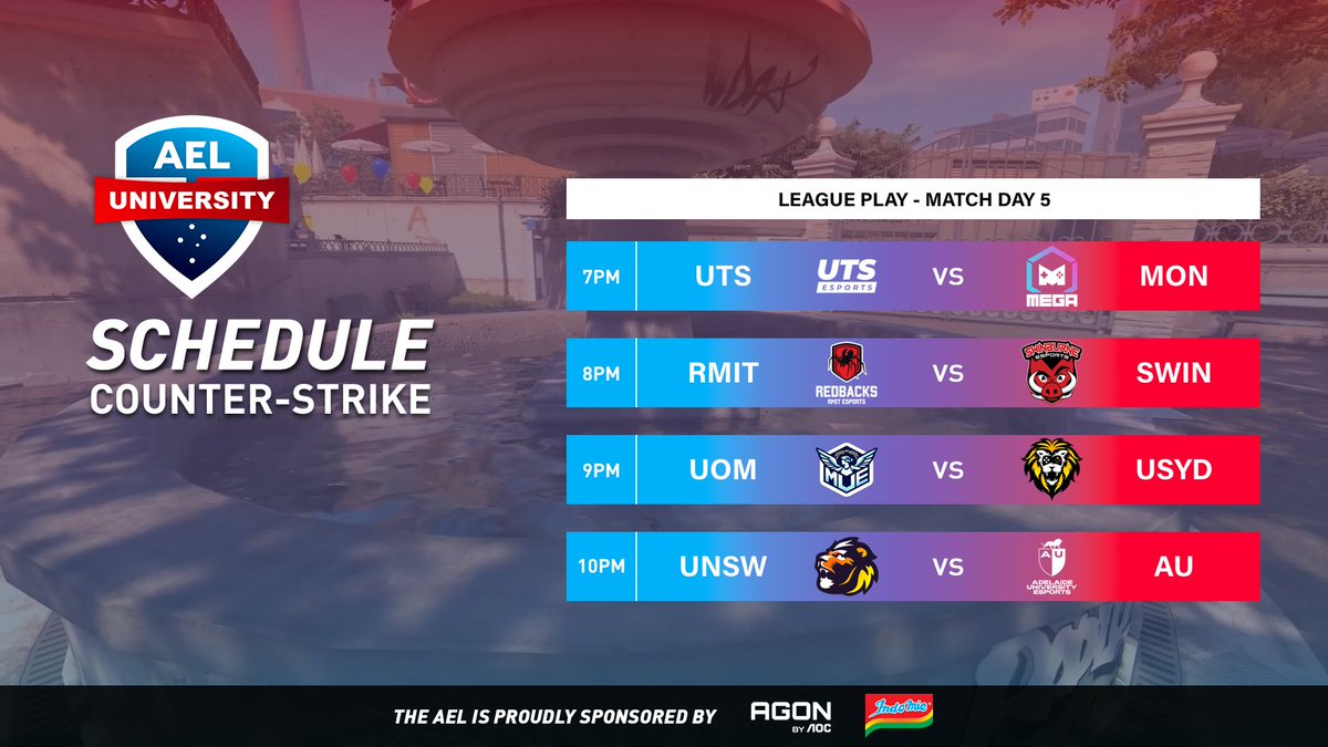 Australian Esports League (@auesportsleague) on Twitter photo Counter-Strike is back from break with Match Day 5 tonight in the AEL University Elite Series!
π΄ Live from 6:45PM AEST
πΊ twitch.tv/auesportsleague
ποΈ <a href="/Mattse123/">MattSe</a> & @emperor_zk
πΉοΈ <a href="/TwoTapTony/">Tony</a>
π¬ <a href="/BkWhatOCE/">Bk</a>
Match Schedule
7PM <a href="/UTSEsports/">UTS Esports</a> vs <a href="/MonashEGA/">MonashEGA</a>
8PM <a href="/RMITesports/">RMIT Esports & Games</a> vs Counter-Strike is back from break with Match Day 5 tonight in the AEL University Elite Series!
π΄ Live from 6:45PM AEST
πΊ twitch.tv/auesportsleague
ποΈ <a href="/Mattse123/">MattSe</a> & @emperor_zk
πΉοΈ <a href="/TwoTapTony/">Tony</a>
π¬ <a href="/BkWhatOCE/">Bk</a>
Match Schedule
7PM <a href="/UTSEsports/">UTS Esports</a> vs <a href="/MonashEGA/">MonashEGA</a>
8PM <a href="/RMITesports/">RMIT Esports & Games</a> vs