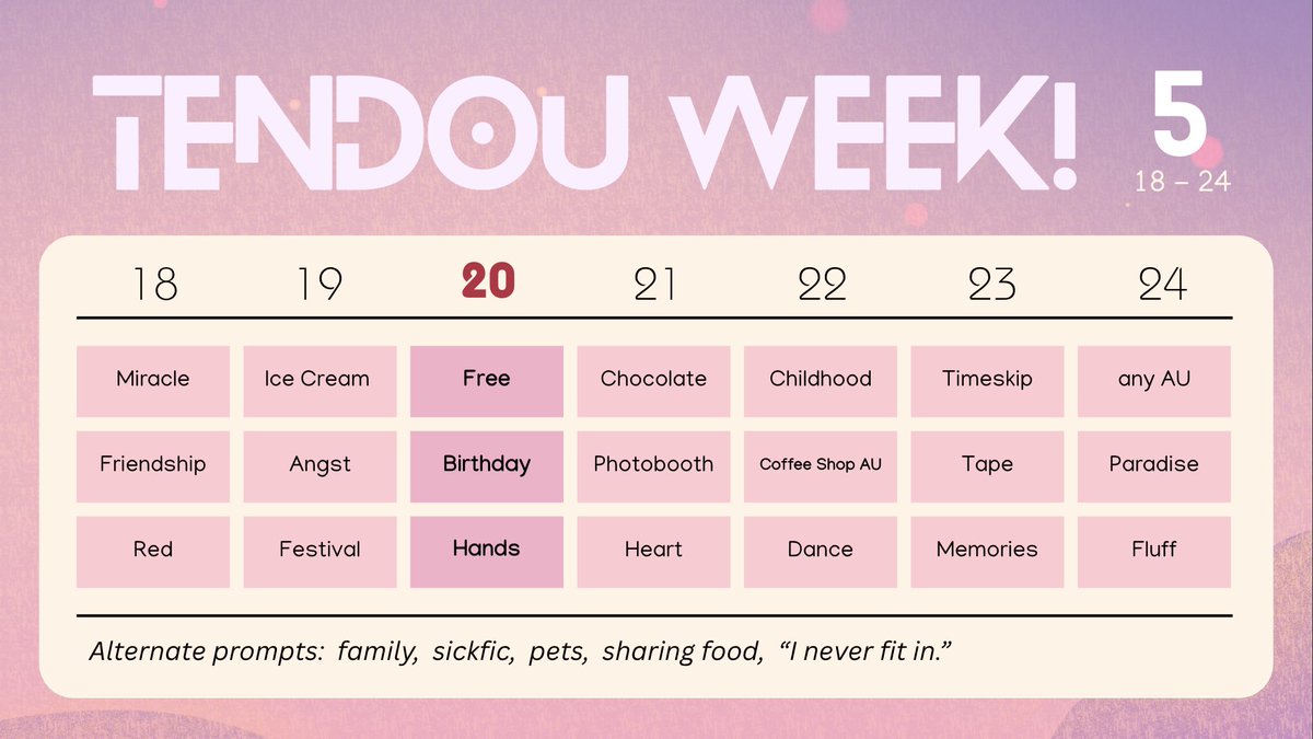 tendouweek2025's tweet photo. It’s May 1st, everyone, and with May comes the prompts for Tendou Week, the fanweek dedicated to our beloved Tendou Satori! The event begins on May 18, but you can begin posting at any time 

If you have any questions, feel free to DM us or refer to our carrd for more details! https://t.co/3BZ6gyxY5q