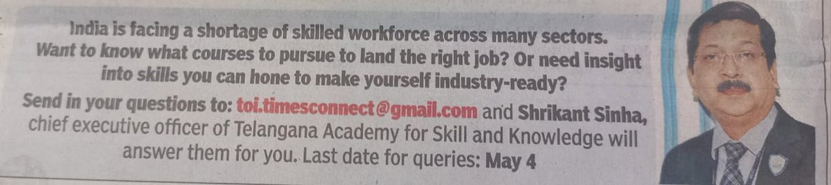 TASK Telangana (@tasktg) on Twitter photo Confused about which skills or courses to choose? <a href="/ShrikantNF/">Shrikant Sinha</a>, CEO of <a href="/tasktg/">TASK Telangana</a>, is here to help you navigate your career path. Send your questions to toi.timescontact@gmail.com by May 4 and get industry-aligned insights from the expert.
<a href="/OffDSB/">Sridhar Babu Duddilla</a> <a href="/jayesh_ranjan/">Jayesh Ranjan</a> <a href="/timesofindia/">The Times Of India</a> Confused about which skills or courses to choose? <a href="/ShrikantNF/">Shrikant Sinha</a>, CEO of <a href="/tasktg/">TASK Telangana</a>, is here to help you navigate your career path. Send your questions to toi.timescontact@gmail.com by May 4 and get industry-aligned insights from the expert.
<a href="/OffDSB/">Sridhar Babu Duddilla</a> <a href="/jayesh_ranjan/">Jayesh Ranjan</a> <a href="/timesofindia/">The Times Of India</a>