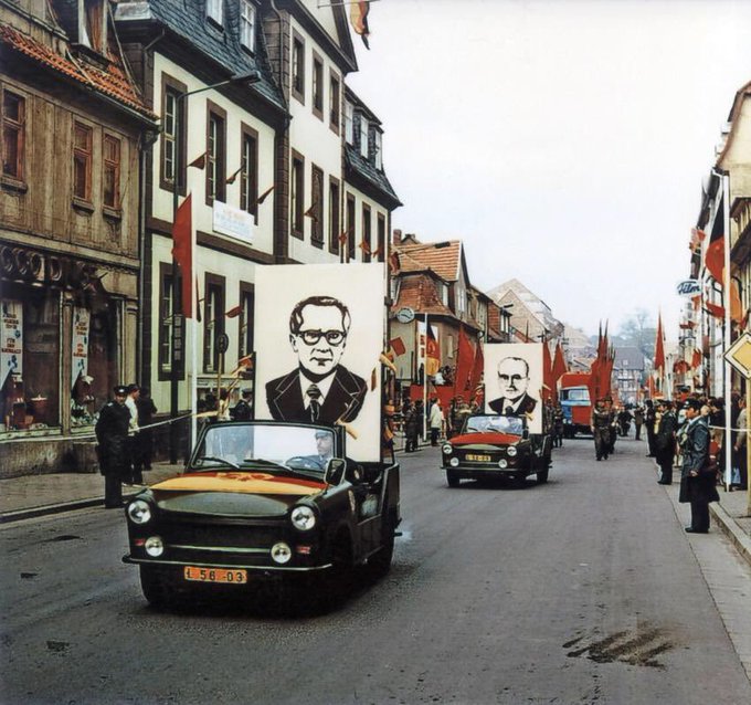 1 May 1983: giant drawings of SED leaders on display in the 1st May procession through the East German town of Heiligenstadt