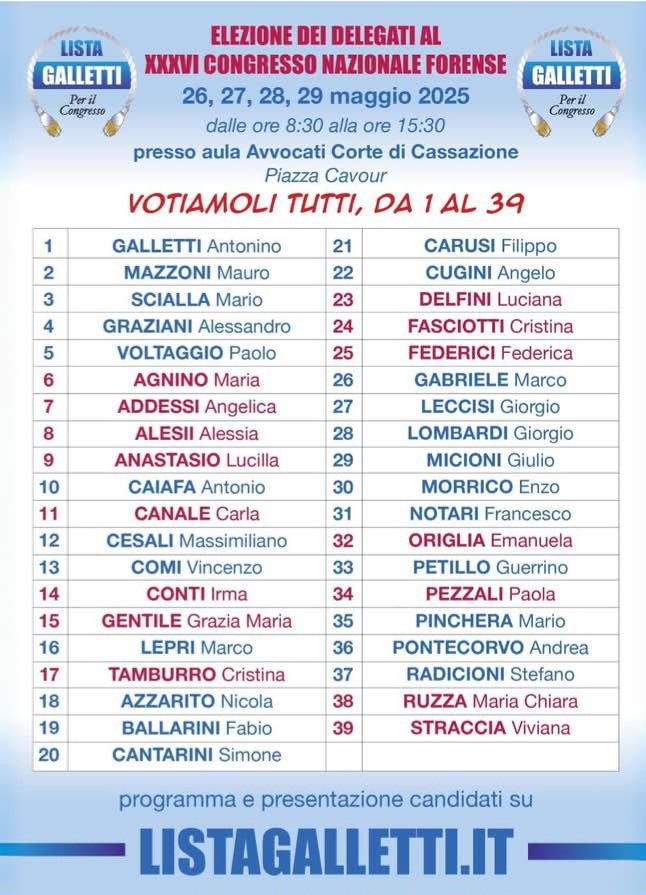 Massimiliano Cesali (@mcesali) on Twitter photo UNA SCELTA, UNA LISTA, 39 VOLTI DA SOSTENERE.
Votiamoli tutti, da 1 a 39.
listagalletti.it/programmi/cong…
Si vota 26 - 29 maggio, h 08:30 alle 15:30, in Aula Avvocati con il sistema elettronico.
#ListaGalletti #CongressoForense2025 #ConcretiUnitiCompetenti
<a href="/radiotribunale/">RadioTribunale</a> <a href="/Movforense/">Movimento Forense</a> UNA SCELTA, UNA LISTA, 39 VOLTI DA SOSTENERE.
Votiamoli tutti, da 1 a 39.
listagalletti.it/programmi/cong…
Si vota 26 - 29 maggio, h 08:30 alle 15:30, in Aula Avvocati con il sistema elettronico.
#ListaGalletti #CongressoForense2025 #ConcretiUnitiCompetenti
<a href="/radiotribunale/">RadioTribunale</a> <a href="/Movforense/">Movimento Forense</a>