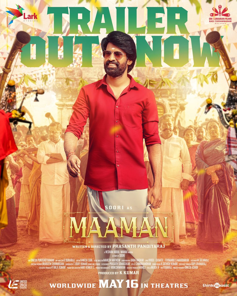 Actor Soori (@sooriofficial) on Twitter photo என்ன பெத்தாரு....மாமன் வர்ரேன் டா...👼
The #Maaman trailer is here—perfect for a full-on family celebration! Don’t miss the fun! 😎💥
Link: youtu.be/RFxRhOVGp4U
Directed by <a href="/p_santh/">prasanth.P</a>
A <a href="/HeshamAWmusic/">Hesham Abdul Wahab</a> Musical
Produced by <a href="/kumarkarupannan/">Kumar K</a> <a href="/larkstudios1/">Lark Studios</a>
#MaamanFromMay16 என்ன பெத்தாரு....மாமன் வர்ரேன் டா...👼
The #Maaman trailer is here—perfect for a full-on family celebration! Don’t miss the fun! 😎💥
Link: youtu.be/RFxRhOVGp4U
Directed by <a href="/p_santh/">prasanth.P</a>
A <a href="/HeshamAWmusic/">Hesham Abdul Wahab</a> Musical
Produced by <a href="/kumarkarupannan/">Kumar K</a> <a href="/larkstudios1/">Lark Studios</a>
#MaamanFromMay16