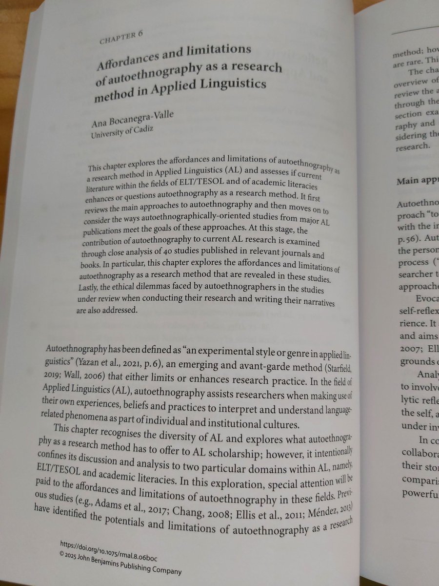 🔔📚 Publication alert! 🔊 If you want to learn about the affordances and limitations of #autoethnography as a #researchmethod  watch out for my chapter 👇 in <a href="/PejmanHabibie/">Pejman Habibie</a> &amp; R.D.  Sawyer latest book doi.org/10.1075/rmal.8…
<a href="/univcadiz/">Universidad de Cádiz</a> <a href="/WesternU/">Western University</a> <a href="/wsu/">WSU System</a> #JohnBenjamins