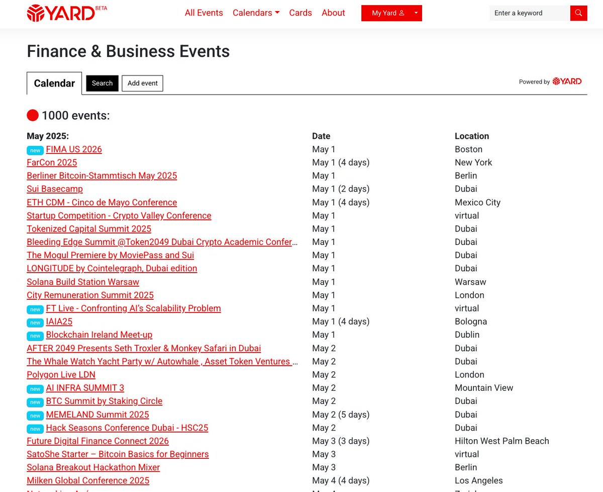 YARD - Discover events and deal with them. (@yard_events) on Twitter photo For the first time, YARD has 1k finance and business events listed yard.global/events/?mode=l… (with a focus on blockchain events yard.global/events/?topic=…). 🚀🔥👏
You can embed a calendar anywhere with a single line of code: yard.global/products/calen… For the first time, YARD has 1k finance and business events listed yard.global/events/?mode=l… (with a focus on blockchain events yard.global/events/?topic=…). 🚀🔥👏
You can embed a calendar anywhere with a single line of code: yard.global/products/calen…
