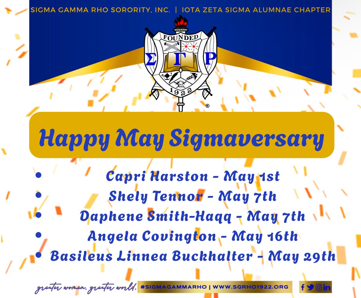 🎉💙💛 Happy May Sigmaversary to our phenomenal Sorors!
We celebrate your continued service, sisterhood &amp; Sigma spirit! ✨

Capri, Shely, Daphene, Angela &amp; Basileus Linnea — thank you for representing IZS with excellence! 💐

#IZSSigmaversary #IZS #SigmaGammaRho