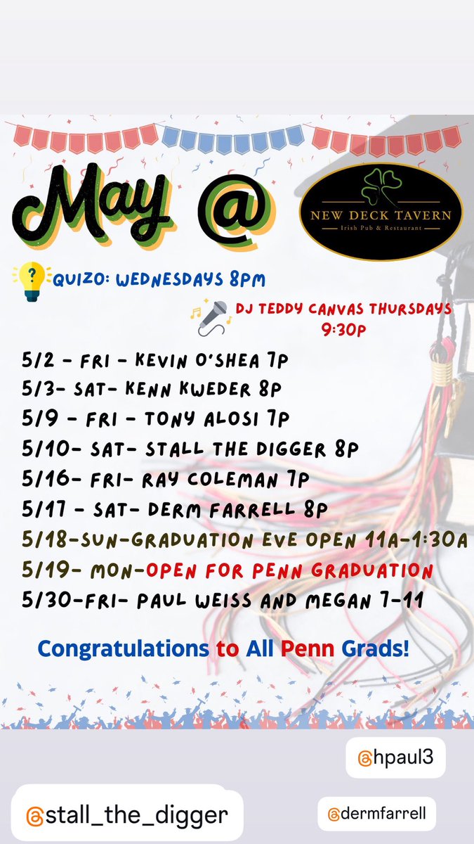 It’s May! Check out our music schedule <a href="/NewDeckTavern/">New Deck Tavern</a>