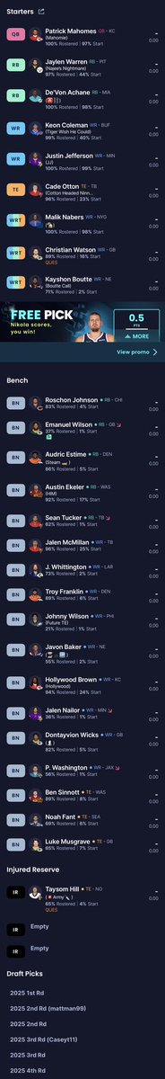 EkelerAustin's tweet photo. @DADynasty_ 10 man Standard .5 PPR. At 1.02 do I go Tet or trade back? https://t.co/6iV8Pm7l8C