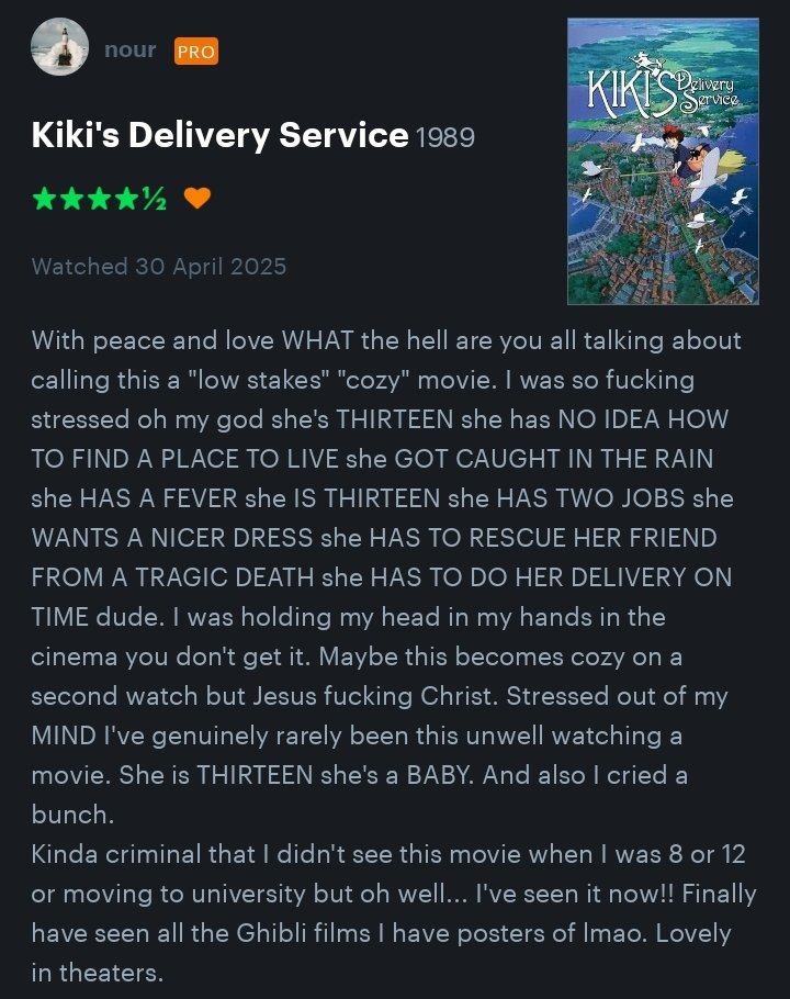 i've had a kiki's delivery service poster on my wall for like, 8 years, and finally watched it for the first time yesterday