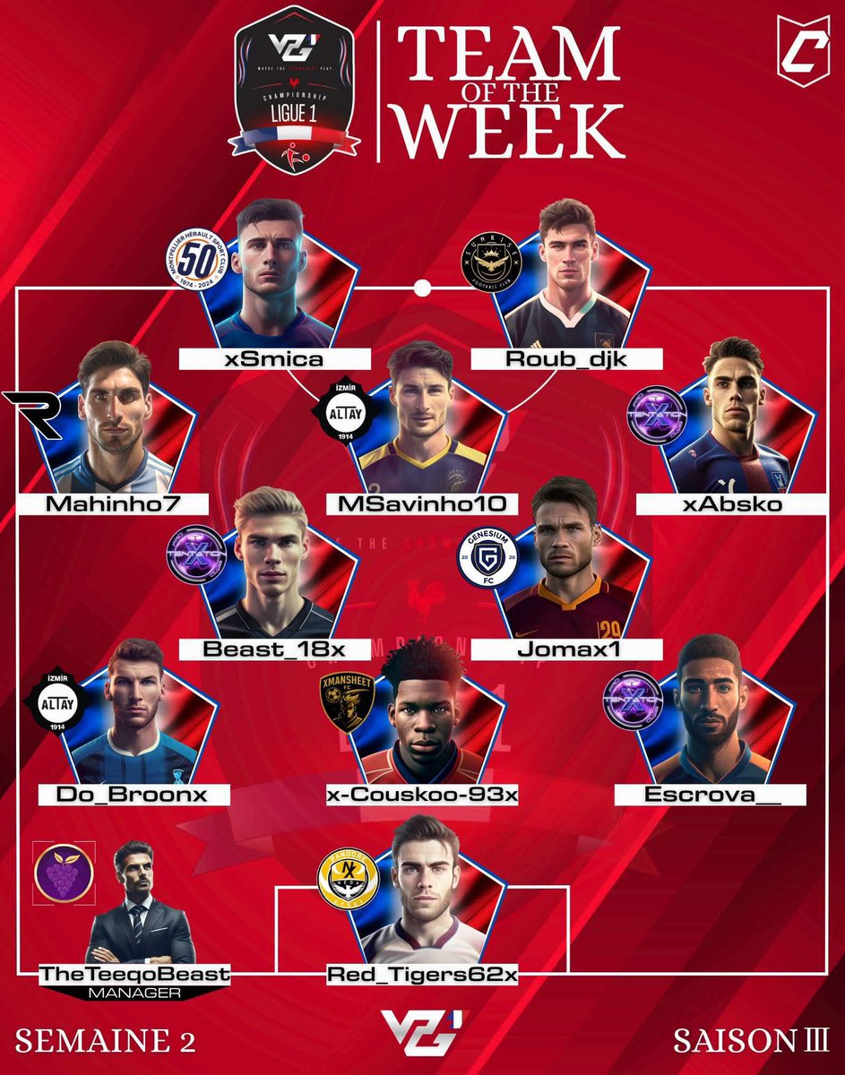 • VPG France

👤 Équipe de la semaine | TOTW
🏆 Ligue 1
🗓️ Semaine 2

Félicitations aux nominés !