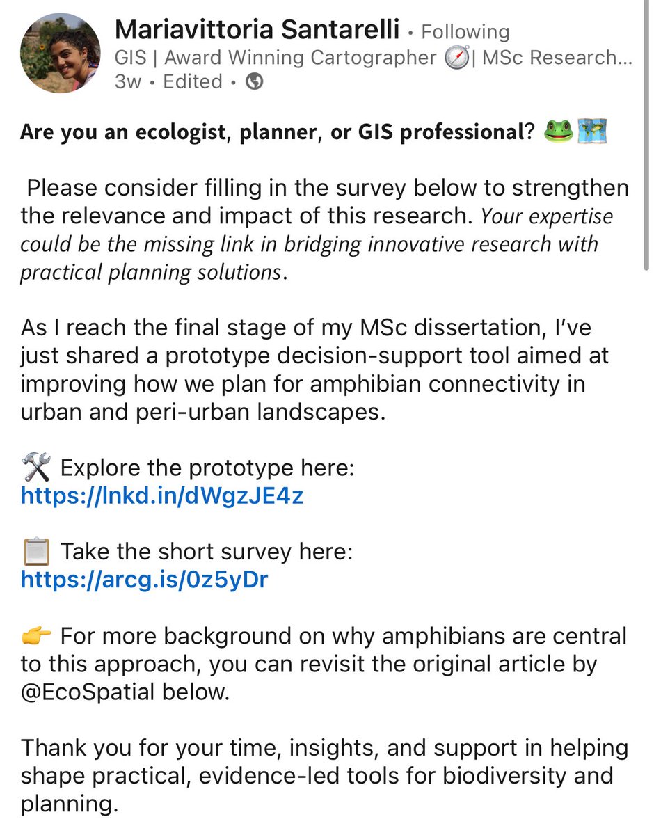 BritishHerpSoc's tweet image. 📣 Calling all ecologists, planners, and GIS specialists! 

@bluesun_3 Mariavittoria’s research is in need of more survey responses, so please consider submitting your insights to: 

“Amphibians Matter in Planning: A BNG and Biodiversity Case Study” 🐸 
tinyurl.com/mrytbppm