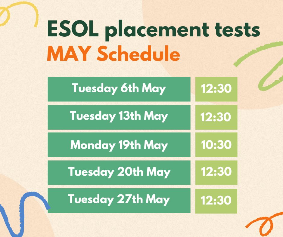 📣We offer ESOL classes from beginner to intermediate levels.
To enrol, simply visit Rosemount and take the English placement test.
Here is the schedule for May tests.
📌Location: 102 Royston Road, G21 2NU