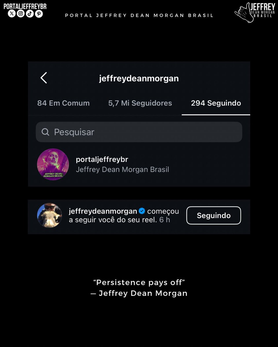 PortalJeffreyBR's tweet image. GENTE 😭
O Jeffrey Dean Morgan segue o JDMBR no Instagram 😭❤️🩹