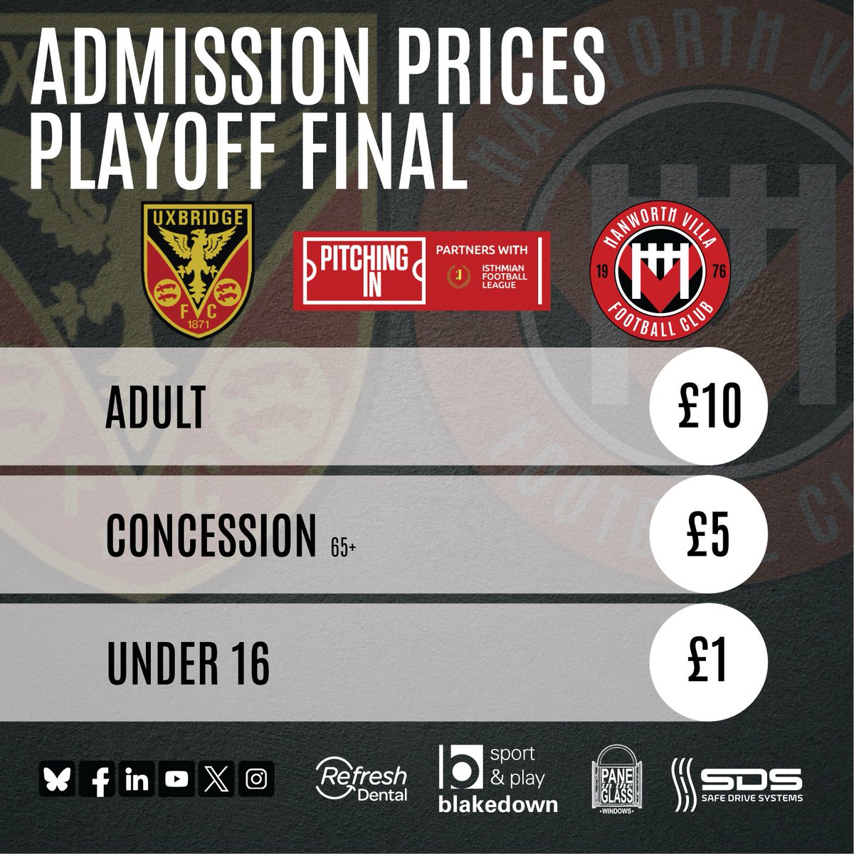 We are pleased to confirm ticket prices agreed with <a href="/uxfc_redarmy/">Uxbridge Football Club</a> and <a href="/IsthmianLeague/">The Pitching In Isthmian League</a> for Sundays final. 

Tickets will be available to purchase online, we will provide the links later on today.