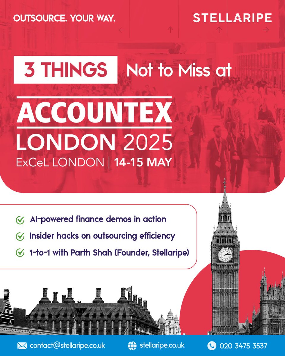 Catch us live at #AccountexLondon 2025 on 14–15 May 2025! Dive into tech demos, discover #outsourcing secrets, and say hello to Parth Shah &amp; the #Stellaripe crew. See you there!

 #AccountexLondon2025
