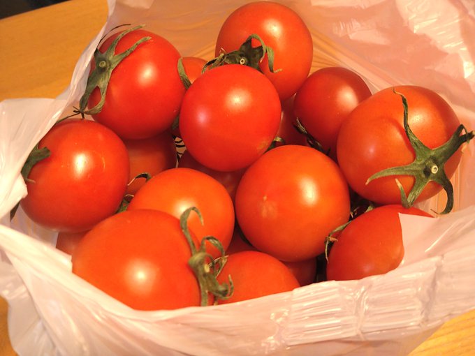 千明ちゃん達にならって、あけの農さん物直売所でトマトの詰め放題やって来たよ。目一杯詰めるとトマトが潰れそうだったので8分目。500円。 