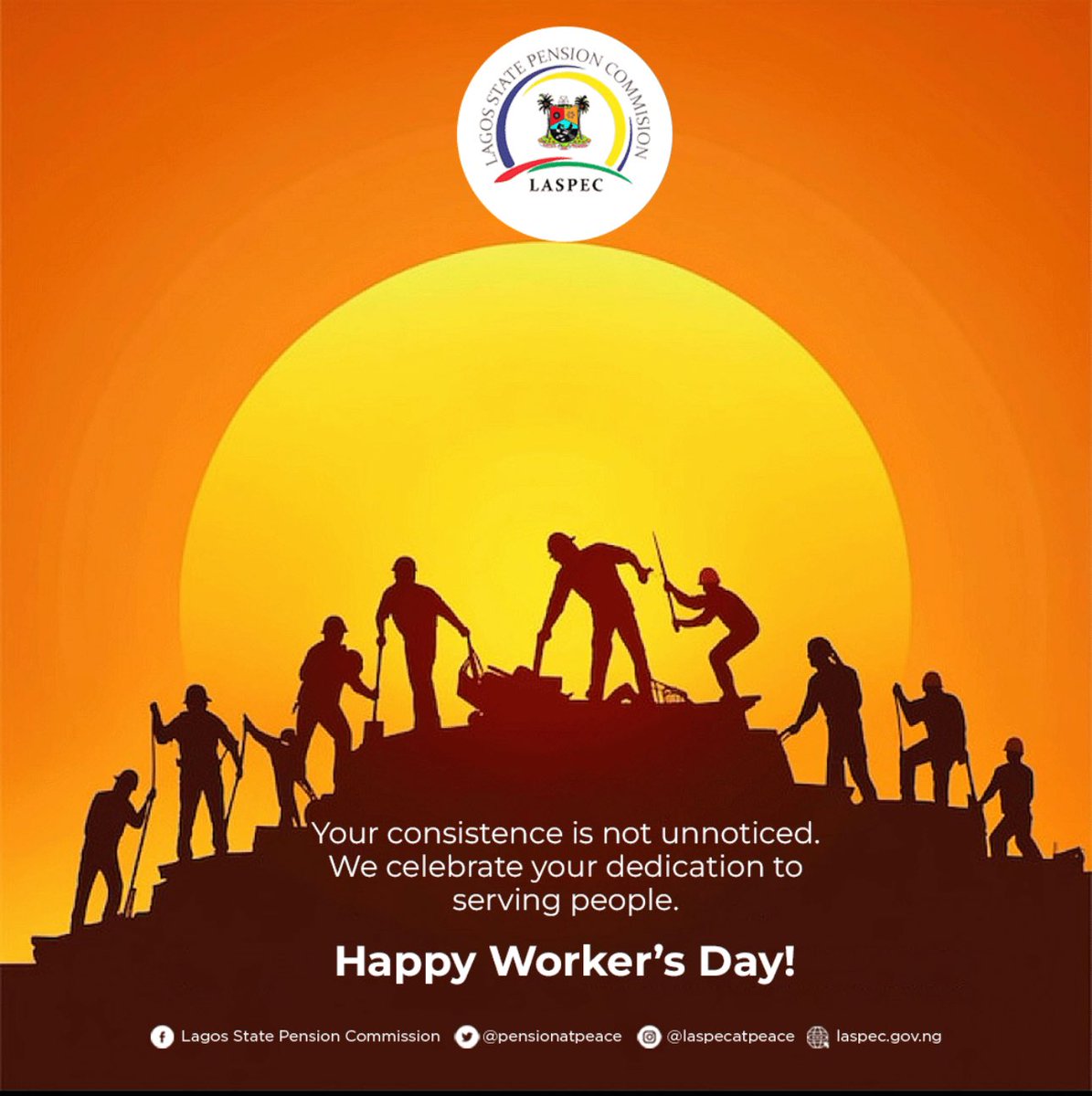 L.A.S.P.E.C (@pensionatpeace) on Twitter photo Happy Workers’ Day to all resilient and dedicated workforce in Lagos state.
<a href="/jidesanwoolu/">Babajide Sanwo-Olu</a> <a href="/drobafemihamzat/">Obafemi Hamzat</a> <a href="/followlasg/">The Lagos State Govt</a> <a href="/Cafdeg/">Muyiwa Oshin</a> <a href="/Mr_JAGs/">Jubril A. Gawat</a>
#happyworkersday🇳🇬 #laspec #lagos Happy Workers’ Day to all resilient and dedicated workforce in Lagos state.
<a href="/jidesanwoolu/">Babajide Sanwo-Olu</a> <a href="/drobafemihamzat/">Obafemi Hamzat</a> <a href="/followlasg/">The Lagos State Govt</a> <a href="/Cafdeg/">Muyiwa Oshin</a> <a href="/Mr_JAGs/">Jubril A. Gawat</a>
#happyworkersday🇳🇬 #laspec #lagos