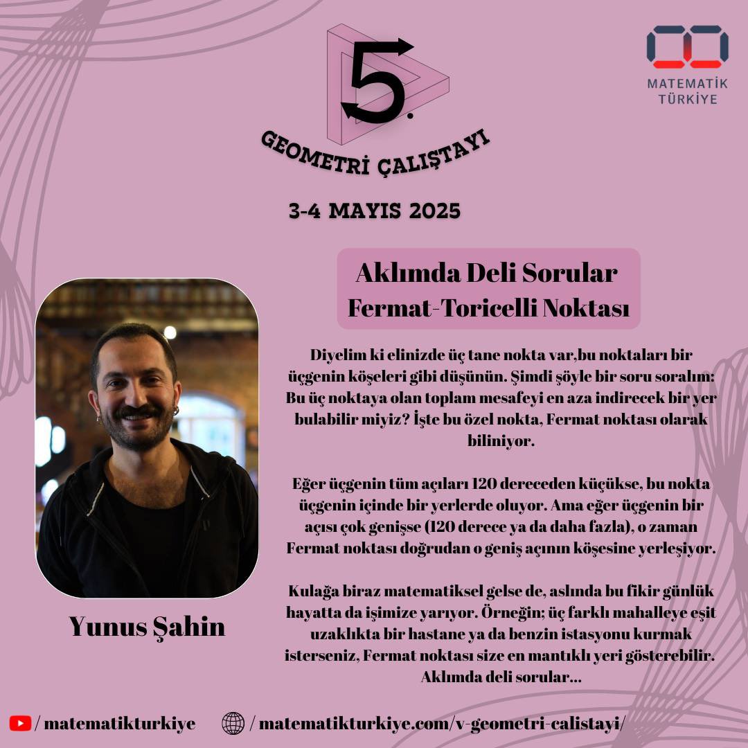 Yunus Şahin hocamızın 3 Mayıs Cumartesi günü 21:00’da gerçekleştireceği “Aklımda Deli Sorular Fermat-Toricelli Noktası” başlıklı akşam yayınının detaylarına görselden ulaşabilirsiniz.😊

#tmk #akademiktmk #türkiyematematikkulübü #matematik #geometry #geometri