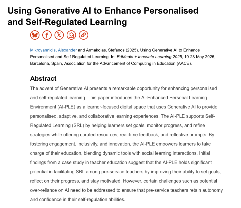 Alexander Mikroyannidis (@alexmikro) on Twitter photo 📣 New Publication Alert! 📣
Together with <a href="/stefarmak/">Stefanos Armakolas</a> we present a novel approach on using #GenerativeAI for enhancing Personalised and Self-Regulated Learning.
Read the paper here: oro.open.ac.uk/103711/ 📣 New Publication Alert! 📣
Together with <a href="/stefarmak/">Stefanos Armakolas</a> we present a novel approach on using #GenerativeAI for enhancing Personalised and Self-Regulated Learning.
Read the paper here: oro.open.ac.uk/103711/