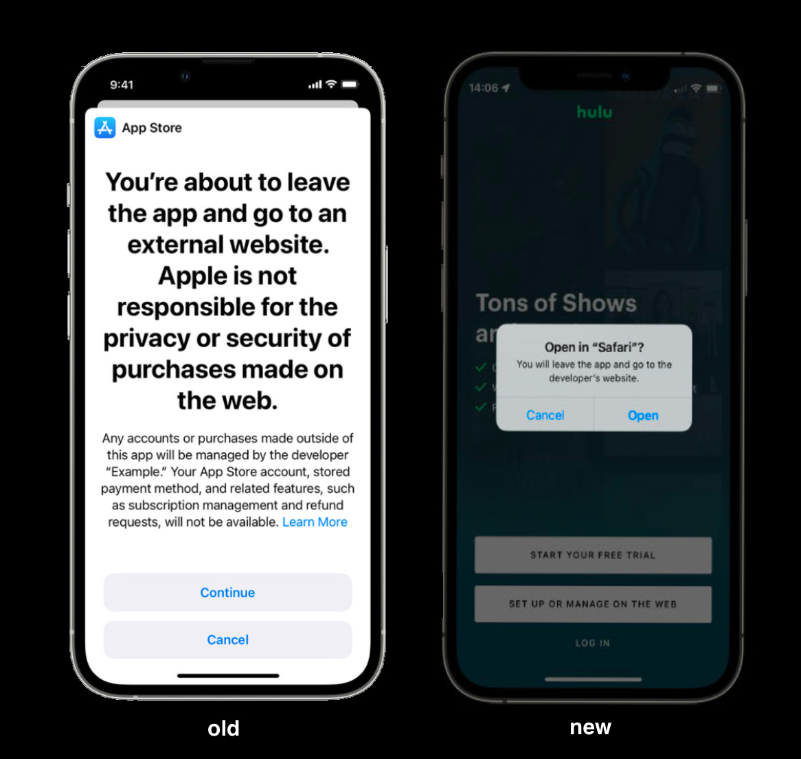 The only interference Apple is currently allowed is a simple alert notifying the user they are going to the web. Amusingly, the endorsed design was an early iteration Apple considered before they went full on scare sheet.