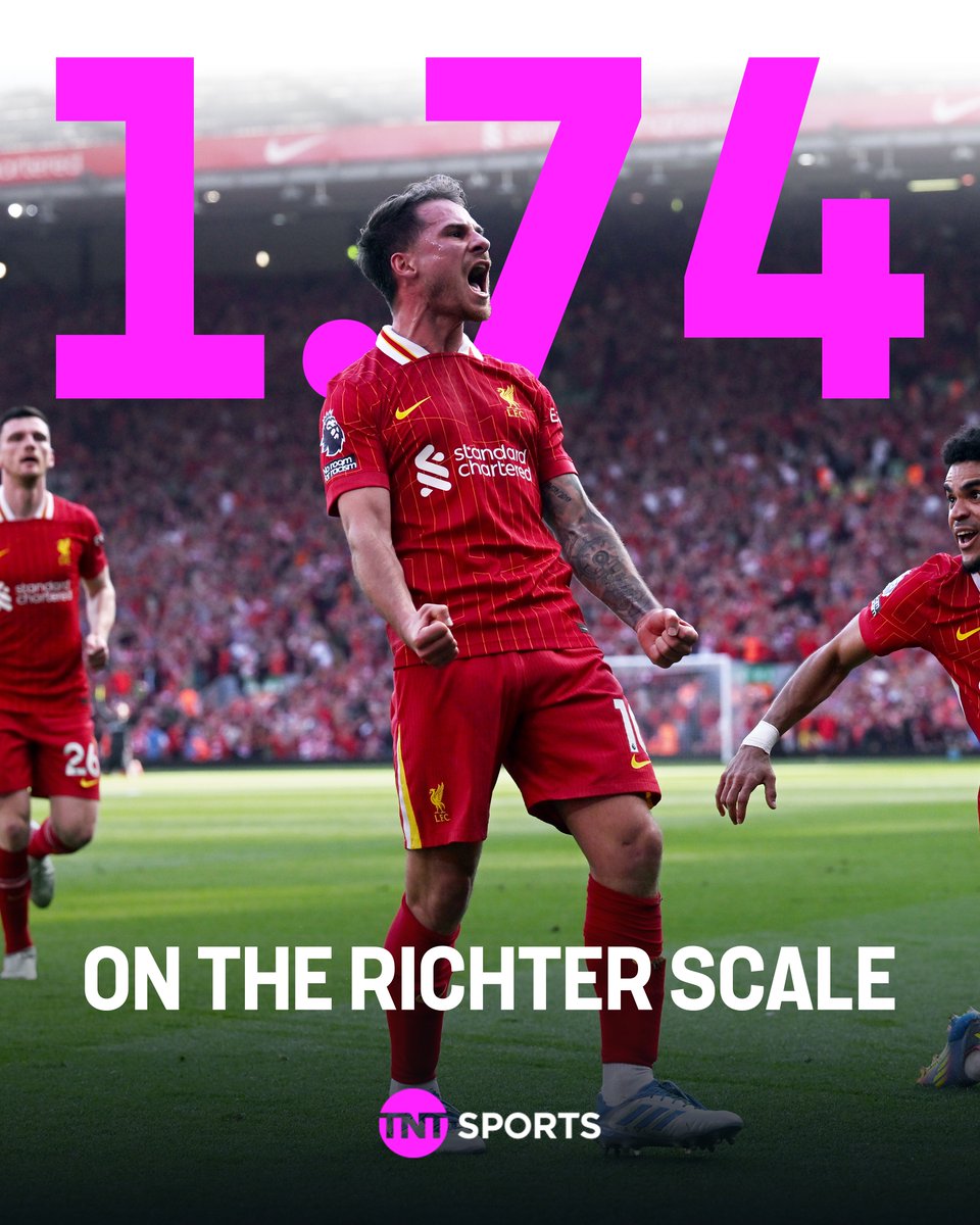 Liverpool's title clinching match against Tottenham produced a seismic event. 

A seismometer in the Main Stand at Anfield recorded a peak magnitude of 1.74 on the Richter scale after Alexis Mac Allister's goal. 🫨