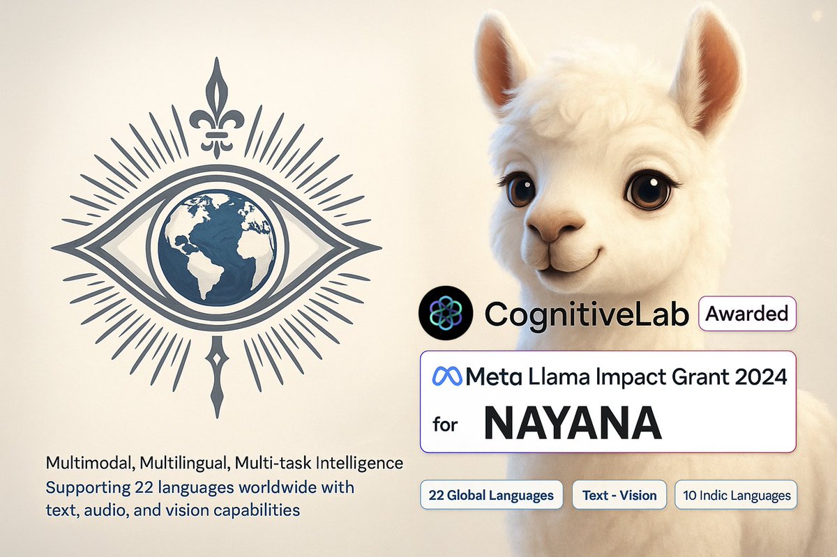 cognitivelab_ai's tweet image. 🚀 Thrilled to announce CognitiveLab wins the six-figure Llama Impact Grant by @Meta ! 

🇮🇳 As India&apos;s only recipient, we&apos;re powering Nayana a multimodal, multilingual multi task AI model family! #AI #MultilingualAI #Innovation