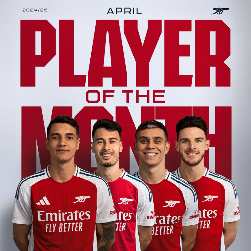 Arsenal's tweet photo. Time to pick your Player of the Month for April 🏅

🇵🇱 Jakub Kiwior
🇧🇷 Gabriel Martinelli
🇧🇪 Leandro Trossard
🏴󠁧󠁢󠁥󠁮󠁧󠁿 Declan Rice

🗳 Get voting now, Gooners 👇