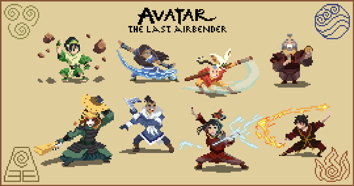 Yahlir's tweet photo. Bringing all 8 Avatar characters together — poster style!

#avatarthelastairbender #atla #teamavatar #katara #toph #zuko #aang #sokka #suki #uncleiroh #azula #avatarfanart #FanArtFriday #pixelart #ドット絵 https://t.co/97xt1MR9gz