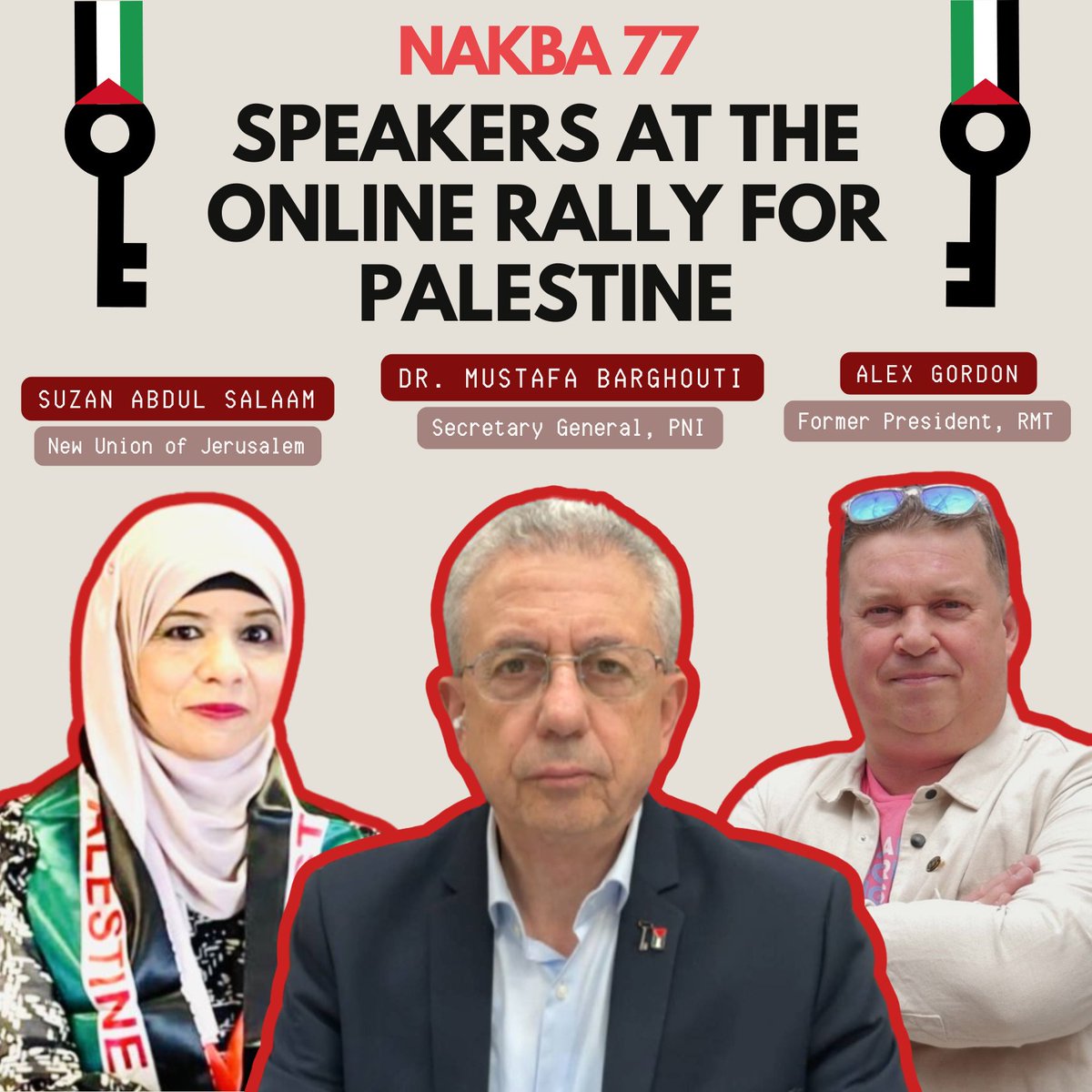 Campaign for Nuclear Disarmament (@cnduk) on Twitter photo Join tonight's online rally to help build support for the upcoming #Nakba77 demo on 17 May and other mobilisations for Palestine.
With speakers <a href="/MustafaBarghou1/">Mustafa Barghouti @Mustafa_Barghouti</a>, <a href="/alexgordon4me/">Alex Gordon #JoinAUnion</a>, and Suzan Abdul Salaam, New Union of Jerusalem.
Watch from 7pm: youtube.com/watch?v=PU9Cui… Join tonight's online rally to help build support for the upcoming #Nakba77 demo on 17 May and other mobilisations for Palestine.
With speakers <a href="/MustafaBarghou1/">Mustafa Barghouti @Mustafa_Barghouti</a>, <a href="/alexgordon4me/">Alex Gordon #JoinAUnion</a>, and Suzan Abdul Salaam, New Union of Jerusalem.
Watch from 7pm: youtube.com/watch?v=PU9Cui…