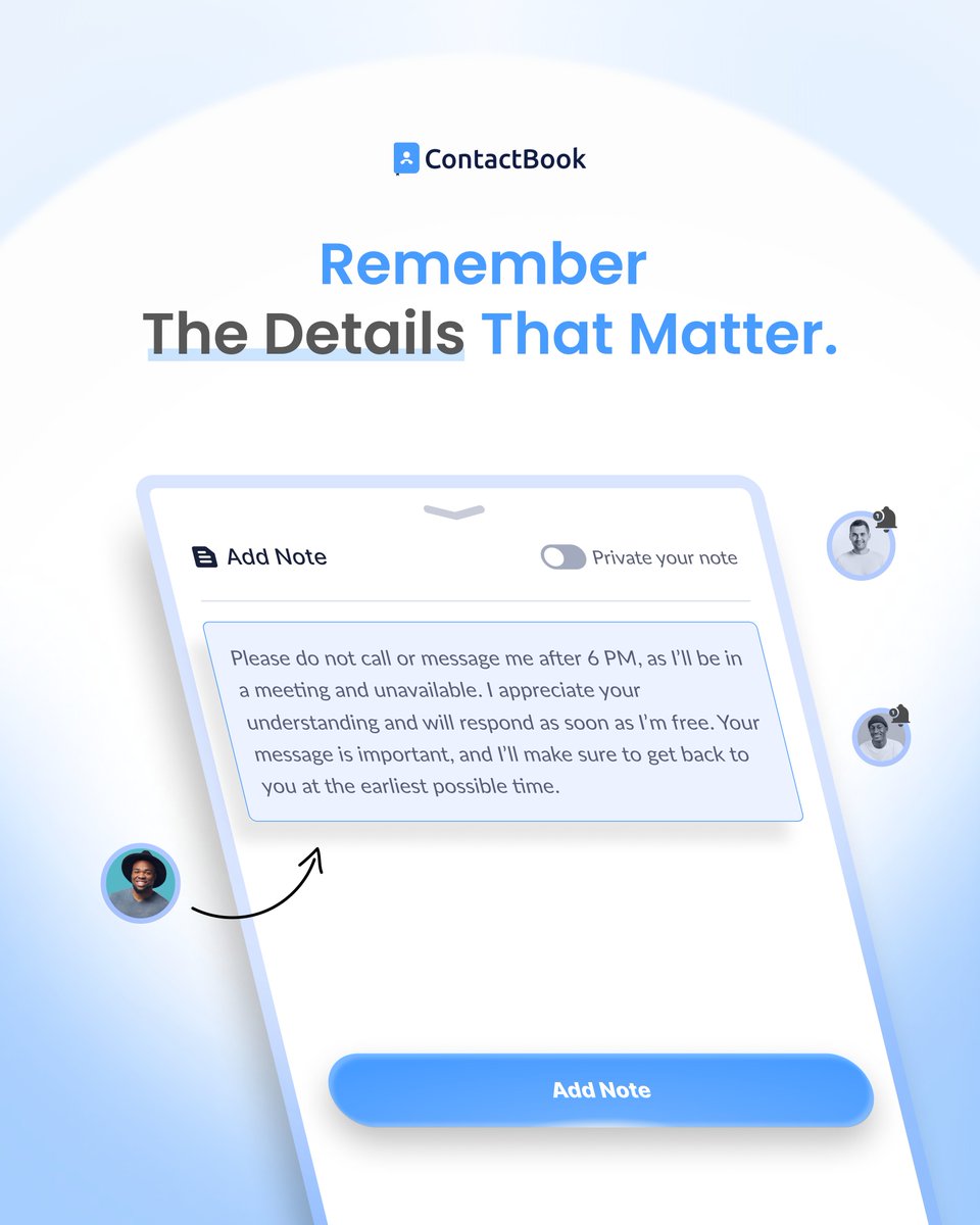 contactbookapp's tweet image. Remember the details that matter.

With contactbook.app 's note-taking feature, you can capture essential insights about your contacts, be it a shared interest, a recent conversation, or a future follow-up. 

👉 Try Now - ontactbook.app

#ContactManagement